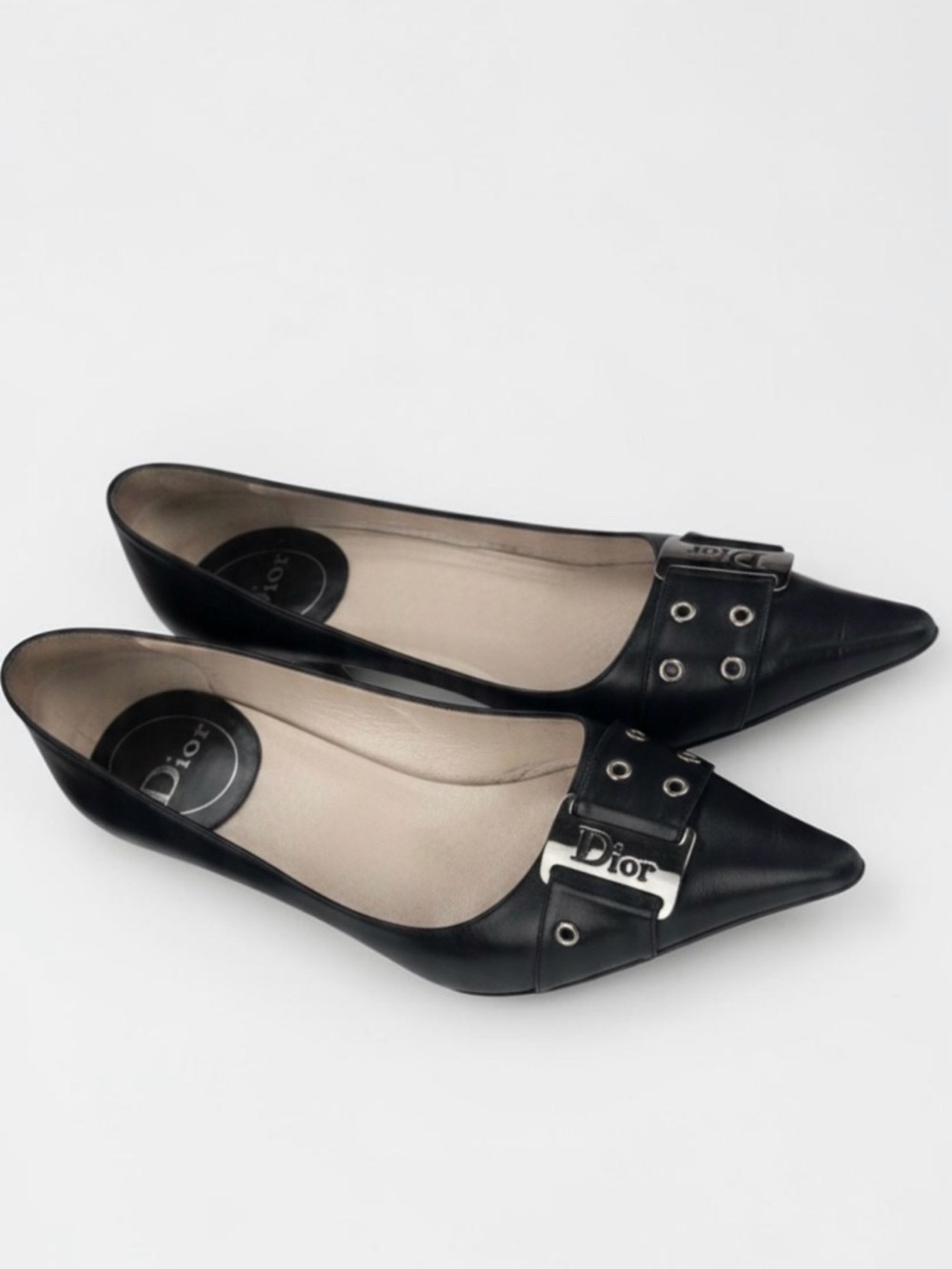 Auth Dior vintage Street Chic Black Leather Pointed Toe Flats 8 38 RARE COA